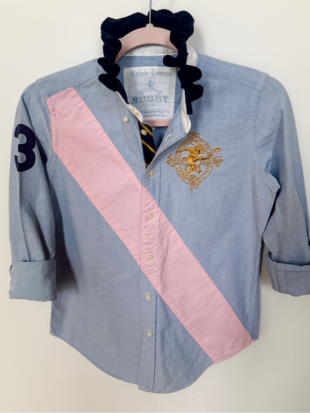 Ralph Lauren Blue Button-Down Shirt with Pink Diagonal Sash